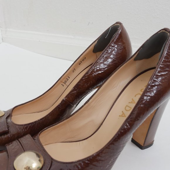 Escada Brown Patent Leather Gold Toe Detail 4" Heel Vintage Size 37 Work Shoes - Picture 7 of 14